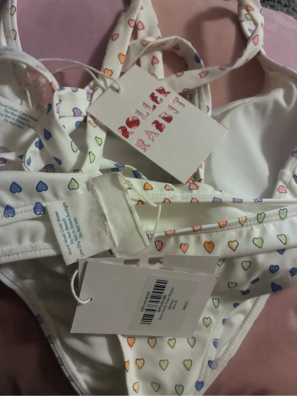 Roller Rabbit White Bandeau Bikini with Multicolor Pastel Heart Print
